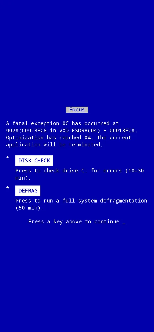 The Focus98 blue screen after a crash