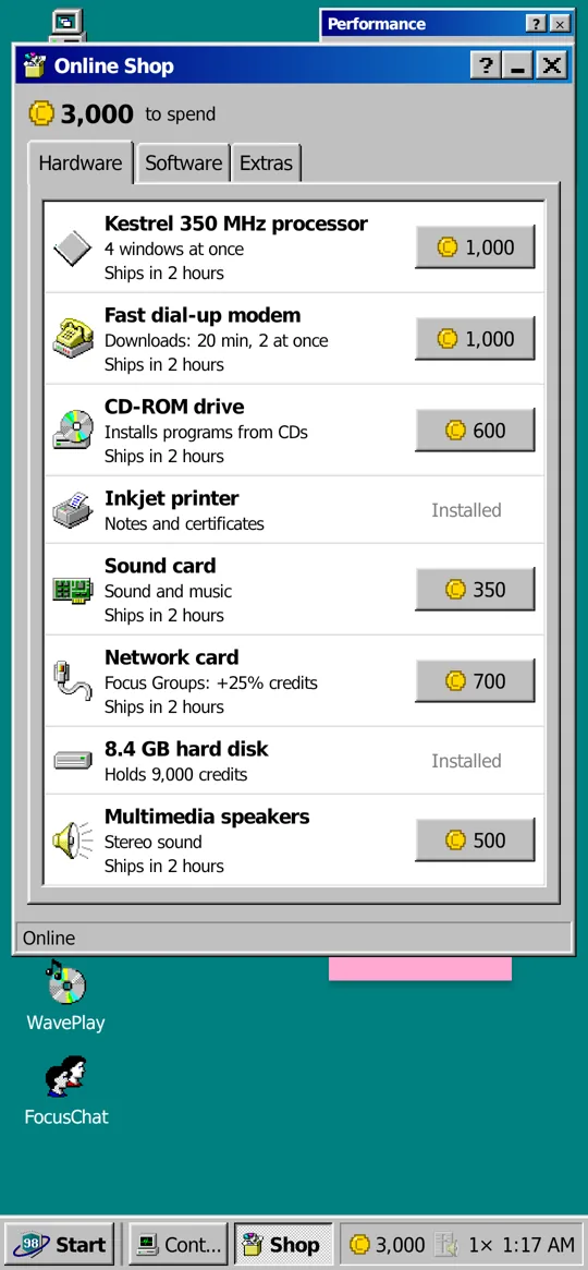 The Focus98 shop, with upgrades to buy